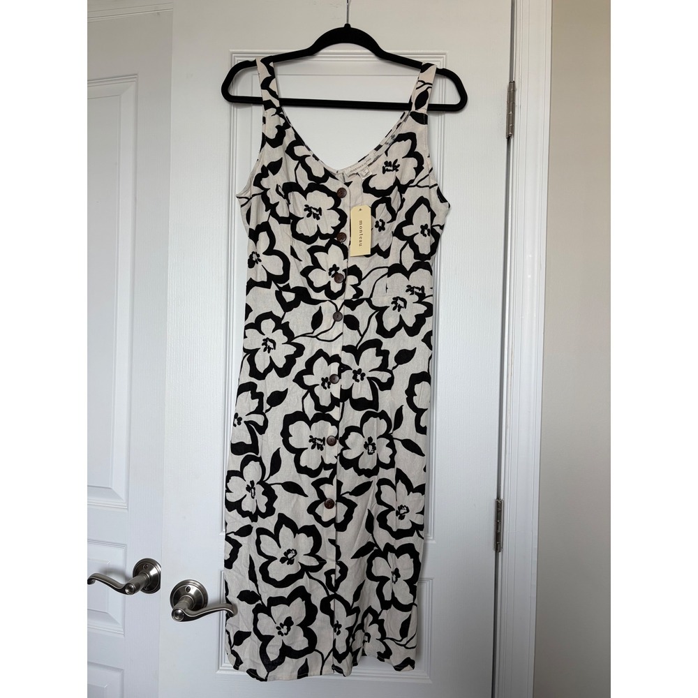 Monteau Los Angeles Black Floral Button Front Linen Blend Midi Dress Large NWT